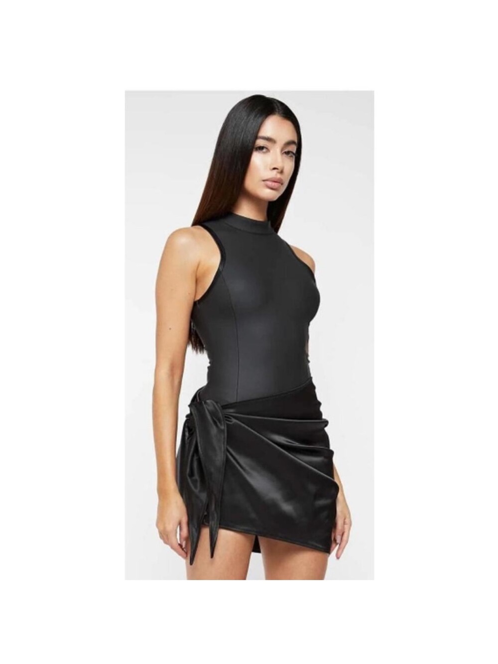 Maniere De Voir Faux Leather Sleeveless Dress with Satin Skirt Black Size 6